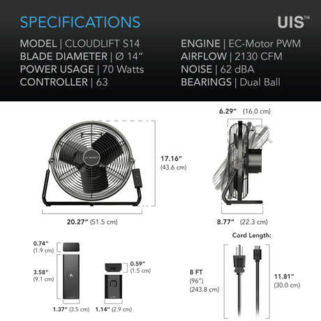 AC Infinity Cloudlift Floor Wall Fan With Cordless Controller